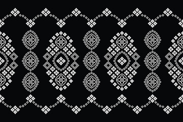 Ethnic geometric fabric pattern Cross Stitch.Ikat embroidery Ethnic oriental Pixel pattern black background. Abstract,vector,illustration. Texture,clothing,frame,decoration,motifs,silk wallpaper.