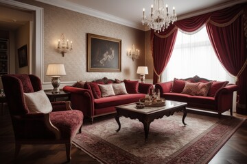 classic living room interior design, red, luxury, old