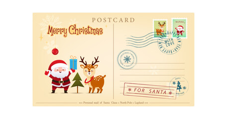 Fototapeta na wymiar Vintage Christmas envelope with Santa Claus and cute deer. Retro style Christmas card with rubber seal, stamp. Vector illustration in cartoon, retro style