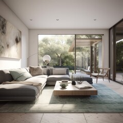 modern contemporary living room, comfy, bright, daylight, interior design, 3d rendering