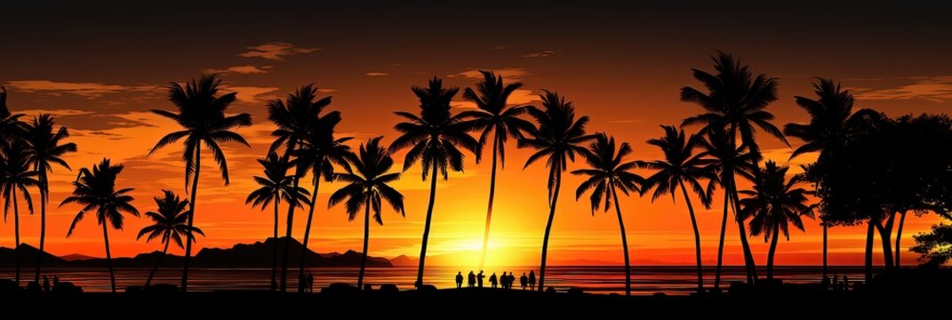 Silhouettes of palm trees on the beach at sunset. Vector illustration