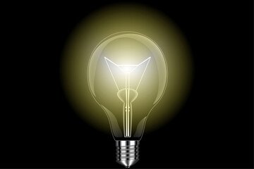 Glass light bulb on a transparent black background with a bright yellow glow. Bright light. Light bulb on black background. Vector illustration.