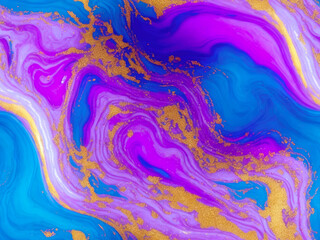 Fototapeta na wymiar Seamless blue, violet color and golden glitters fluid pattern. Generative AI