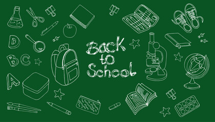  set of school subjects  on the background of the blackboard with lettering back to school