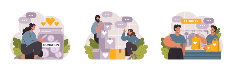 Charity set. Volunteers community take care of people in need. Idea of care