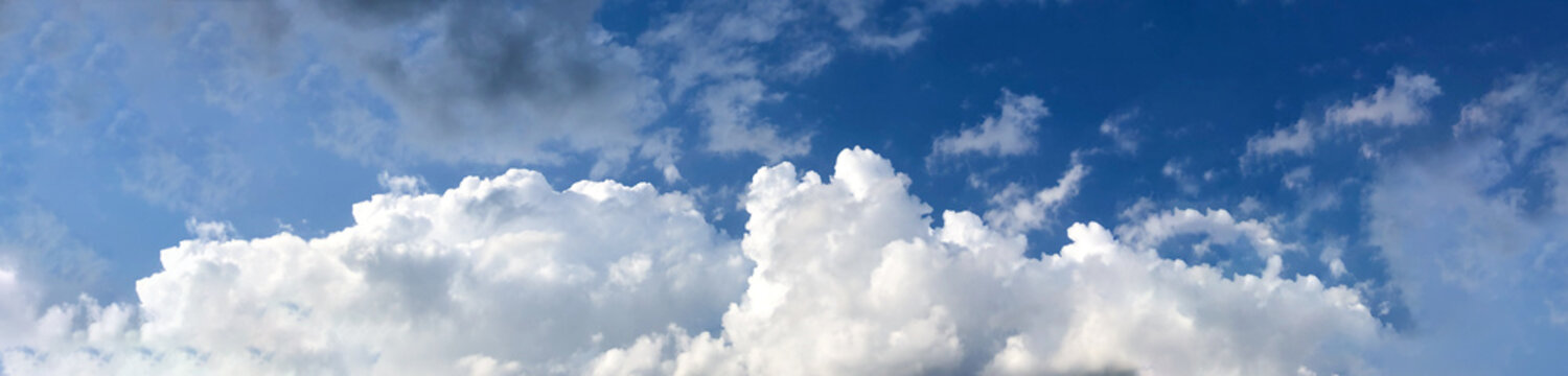 Cloud sky banner. Background fluffy white clouds panorama.