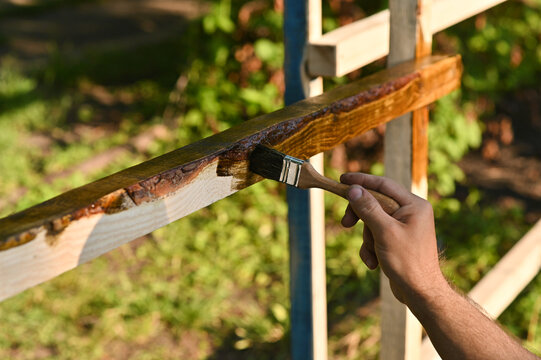 A person paints wood with a paint coating. on a bright sunny day in the garde
