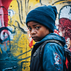 Little boy walks past graffiti wall, looking sad.