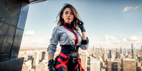 Worker woman on the top of the world at skyscraper. Generative AI.