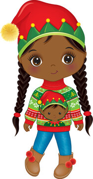 Vector Image of Cute Black Girl Wearing Elf Hat and Christmas Sweater