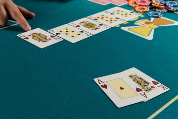The layout of the cards on the poker table.