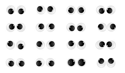 A set of plastic toy eyes. Glossy, bulging, puppet eyes. Cute, round, vector, isolated elements. Look down, up, left, right. Different, shaking, silly, hilarious pairs of eyeballs. Vector illustration