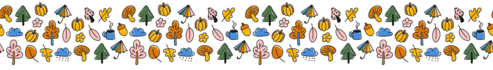 Autumn doodle seamless border. Naive childish fall symbols, leaves, mushrooms, cloud, umbrella, trees, pumpkin, acorn. Abstract season frame. Colorful vector illustration isolated on white background