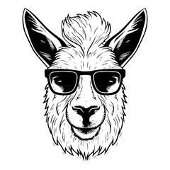 Vector Illustration of aa llama with glasses and a hatwith lines drawing for logo,icon, black and white