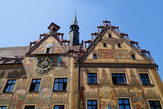 gorgeous historic colorful mural paintings on the ancient building of the city hall in the Ulm city, Germany 