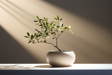 Minimalistic Plant Decor: Small White Pot on Desk with Light and Shadow 