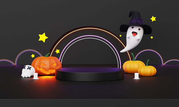 3d Render, Happy Halloween Day background with Podium stand product and night scene and cute spooky design. Halloween pumpkins, ghost, Witch's cauldron and Haunt House on Orange background.