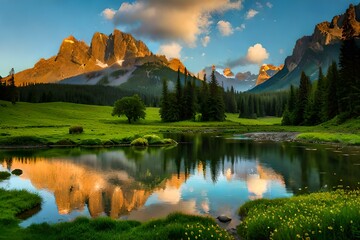 a sunlit forest glade with a gently flowing stream