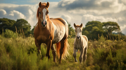 Fototapeta premium Big horse and small horse in the field new quality universal colorful technology stock image illustration design generative ai
