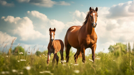 Big horse and small horse in the field new quality universal colorful technology stock image illustration design generative ai