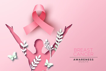 Breast cancer pink ribbon and people papercut concept card