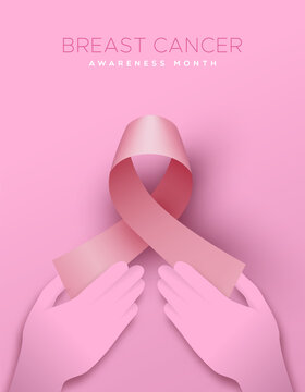 Breast cancer awareness hands and pink ribbon papercut poster