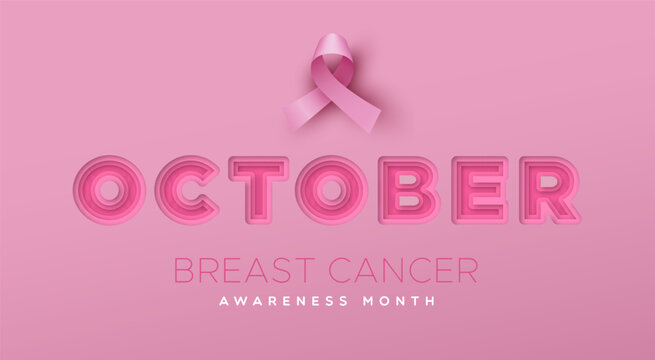 Breast Cancer october month text an pink ribbon banner 3d papercut