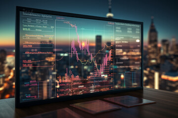 Graph adorned screen displaying the word financial, encapsulating data driven fiscal insights Generative AI