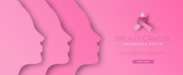Breast cancer awareness papercut women profile and pink ribbon web banner template