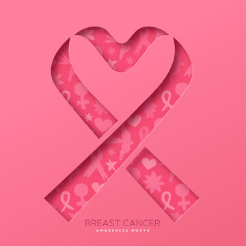 Breast Cancer month paper cut pink ribbon heart vector card concept