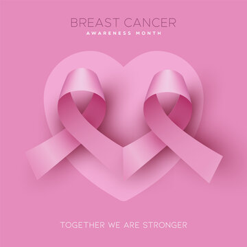 Breast cancer awareness pink ribbon heart shaped 3d vector illustration