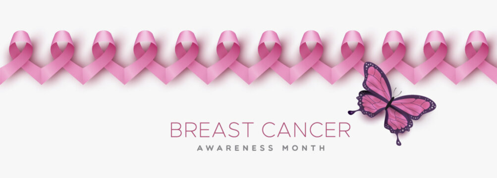 Breast cancer awareness pink ribbons seamless pattern vector banner illustration