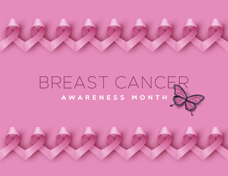 Breast cancer awareness pink ribbons united in seamless pattern vector illustration