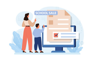 School preparation. School kids with parents prepare for studying.