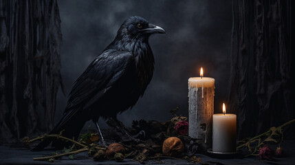 A Black Crow Perched Near a Lit Candle Against a Matte Black Background - Halloween Decorations and Spooky Decor Elements - Dark Academia - Generative AI