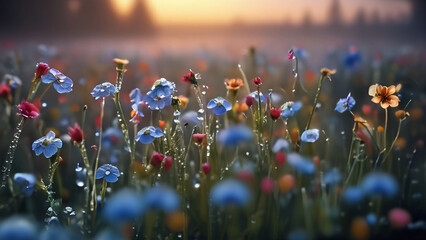 An endless meadow of wild wildflowers in the early morning dew at dawn. - obrazy, fototapety, plakaty