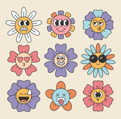 Retro flower characters set. Sticker pack in trendy retro psychedelic style. Groovy daisy with emoji. Editable stroke elements.Isolated vector illustration.