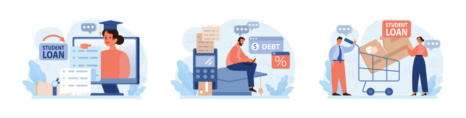 Student debt set. Young graduated character with a financial crisis. Expencive