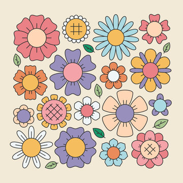 Retro flower set. Sticker pack in trendy retro cartoon style. Editable stroke elements.Isolated vector illustration.