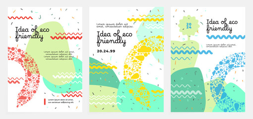 Idea of green eco friendly banner. Set of vector illustrations. Memphis and clean style backgrounds