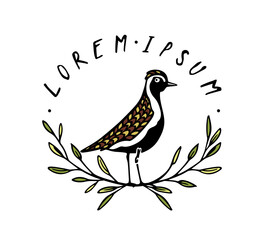 Vector card with hand drawn elegant Golden Plover in beautiful floral laurel. Ink drawing, decorative graphic style. Beautiful animal design elements, perfect for logo design