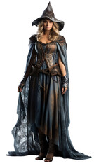 Fototapeta na wymiar Happy women standing in Spellbinding Sorcerer halloween costume with an isolated transparent background. 