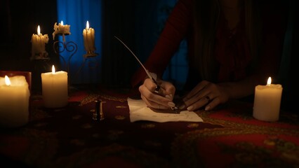 Woman sitting in the dark room and writing a letter with ink feather pen on the old paper.