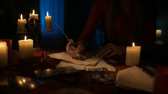 Woman sitting on the table in the dark room with many candles. - Powered by Adobe