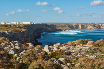 Fototapeta na wymiar Sagres Fortress in Portugal. View of the Sagres village and Mareta beach in the background.