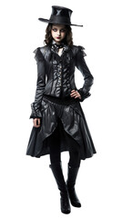 Happy gothic young women in Macabre Maestro Costume halloween with an isolated transparent background.