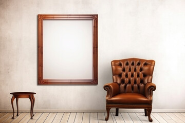 empty blank frame with brown leather armchair in front
