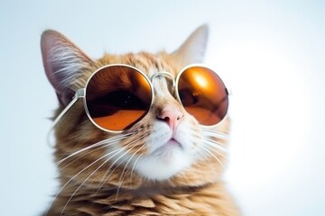 Naklejka premium Closeup portrait of red furry cat in fashion sunglasses. Funny pet isolated on white background. Kitten in eyeglass. Fashion, style, cool animal concept with copy space