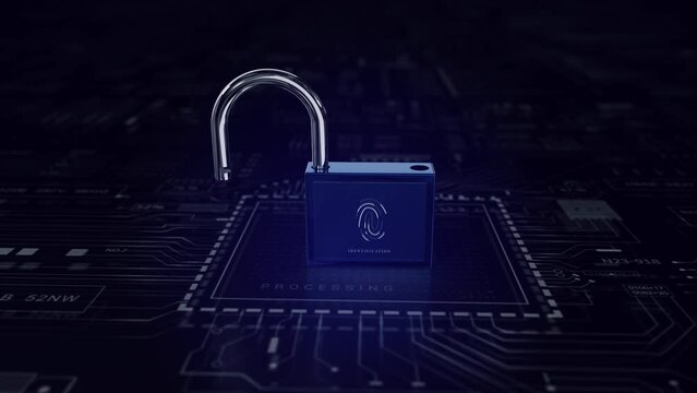 Blue Lock 3D .Fingerprint scanner circuit.Old Lock new technology. Technological UI HUD stealing data, access and programming code hacking and protection. Sci Fi futuristic animation. 