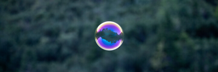Wide view image of a delicate soap bubble floating freely outside